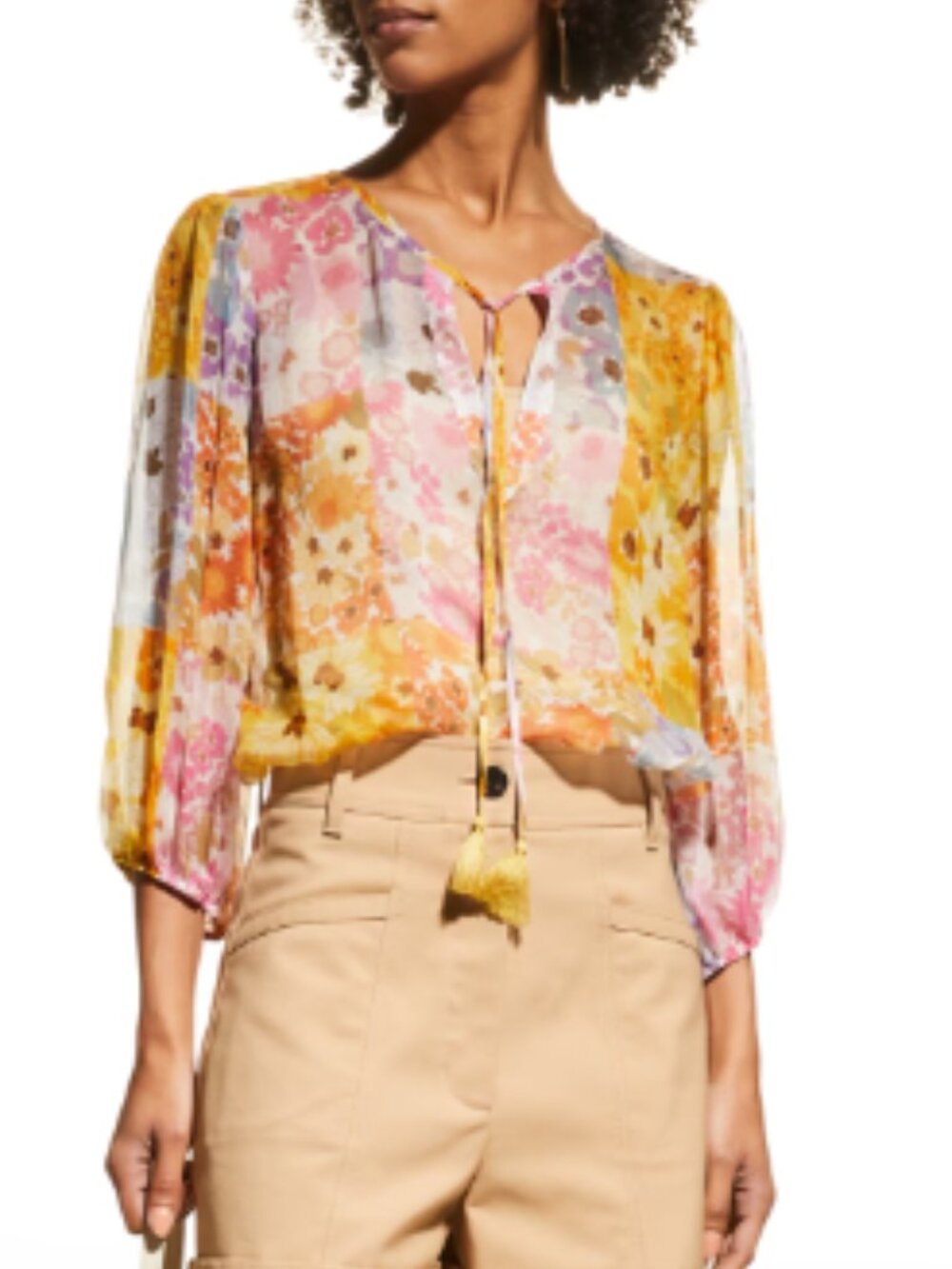 Johnny Was Becky Silk Chiffon Peasant Top Patchwork Floral Tassel Ties Small